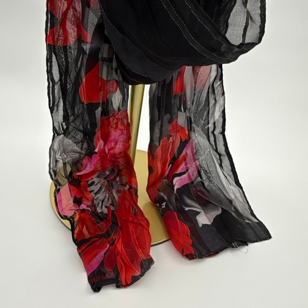 Jones New York Silk Scarf Black Red Pink Floral Gold Metallic Stripe Sheer